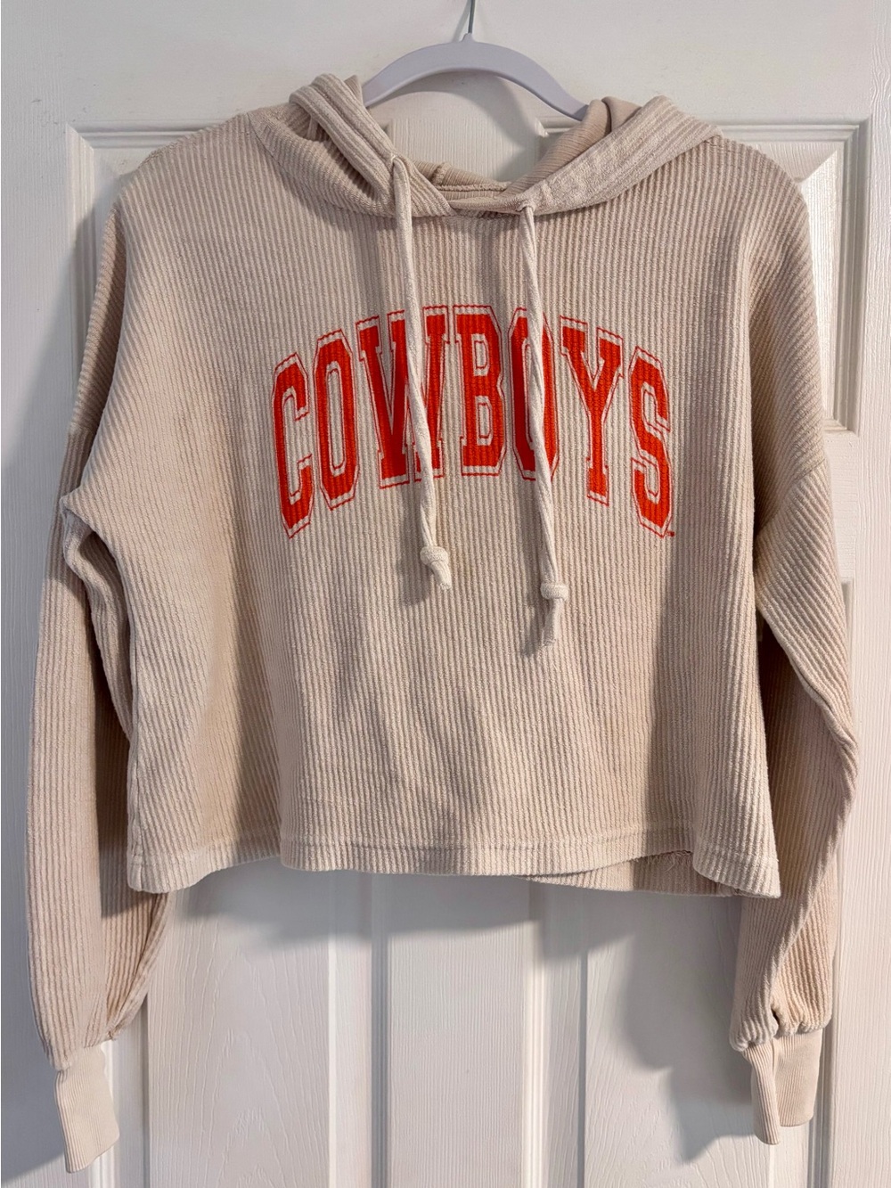 Cowboys Cropped Hoodie - Cream with Orange Lettering